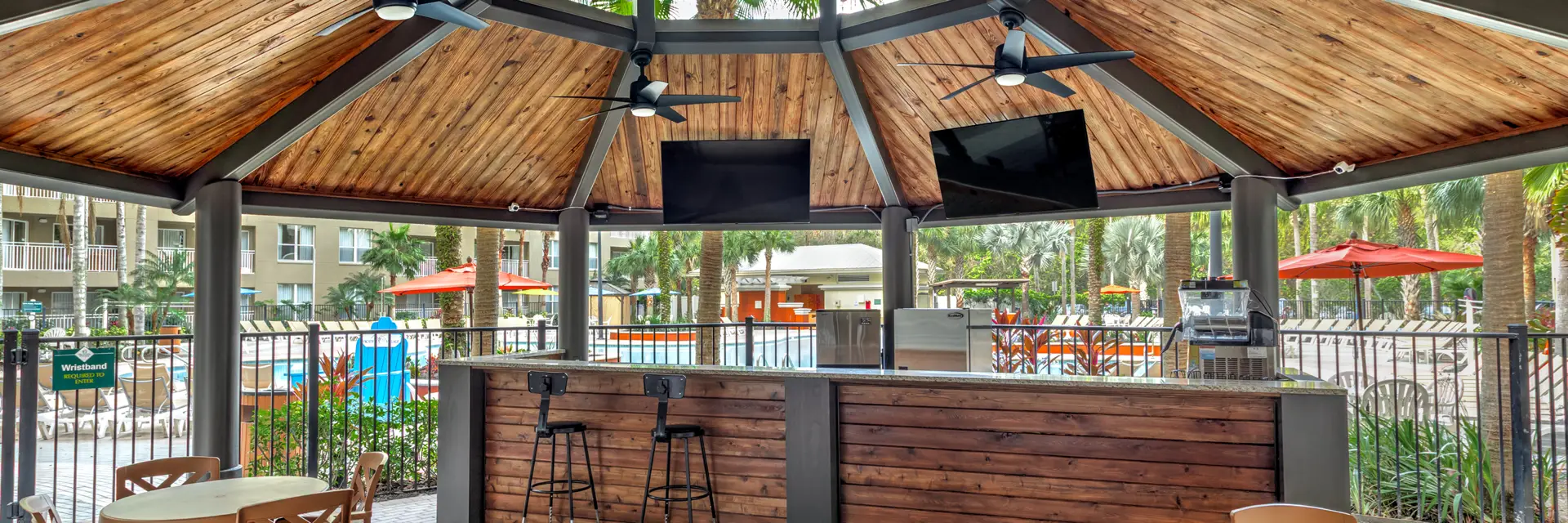 Resort gazebo area with ceiling fans and pool view at Vacation Village at Parkway