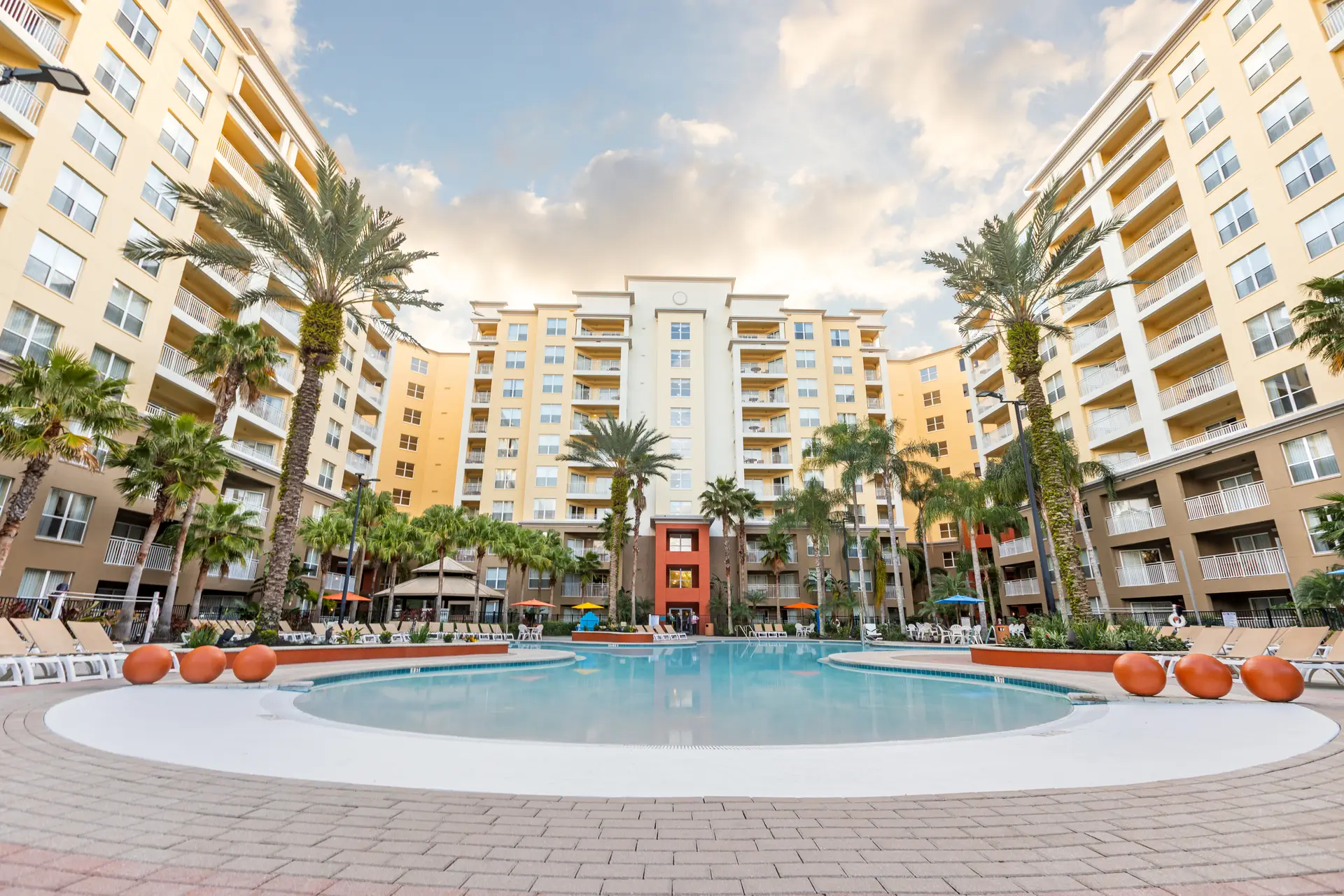 Aerial view of Parkway Orlando resort with pools and buildings