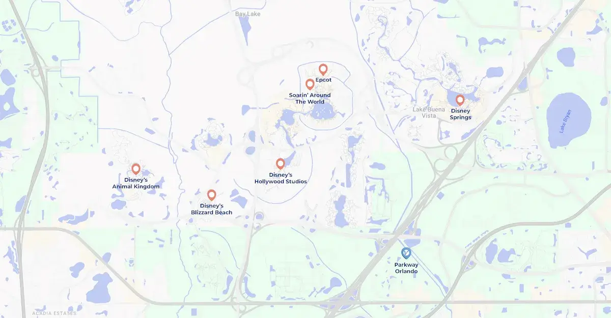 Map showing Parkway Orlando resort location near Disney, Universal, and SeaWorld theme parks