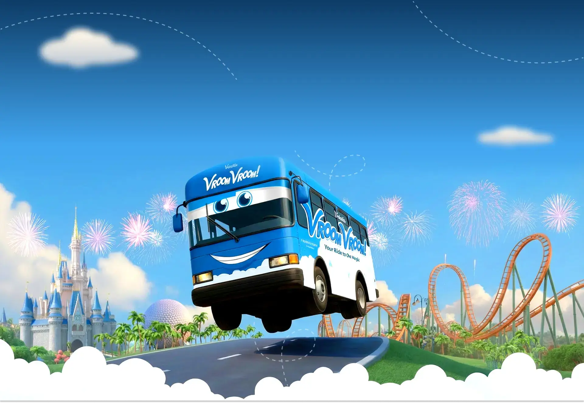 Vroom Vroom shuttle bus flying over a road with theme parks in the background