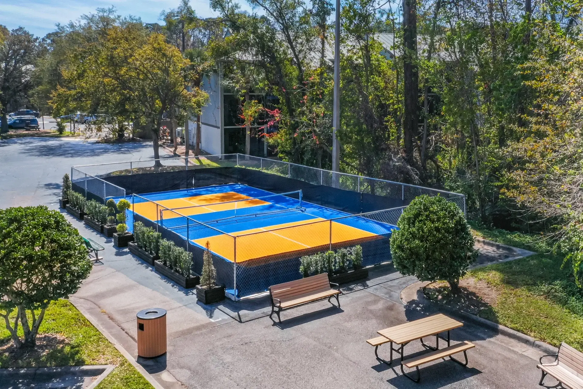 Aerial view of pickleball courts by Building 4