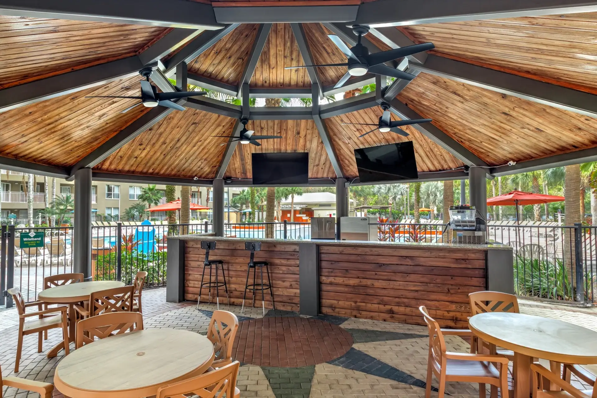 Shaded smoothie bar at Pool 6 by Building 16 and 17