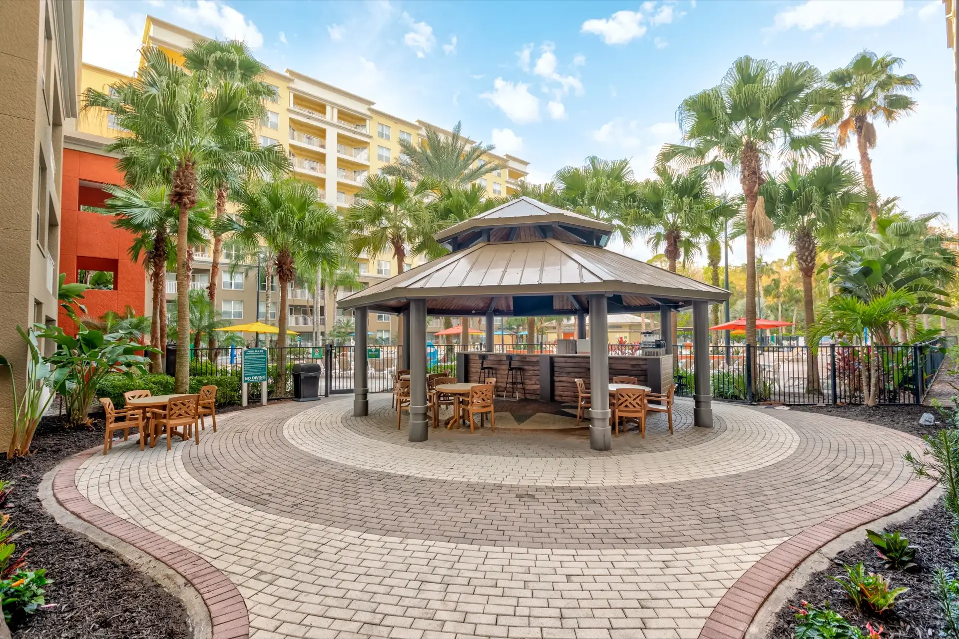 Shaded smoothie bar at Pool 6 by Building 16 and 17
