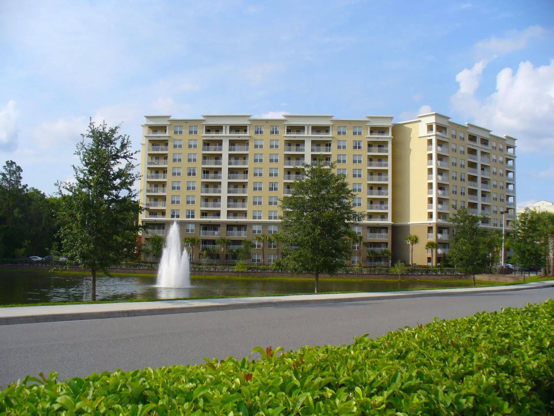 Lake with water fountain behind Building 3