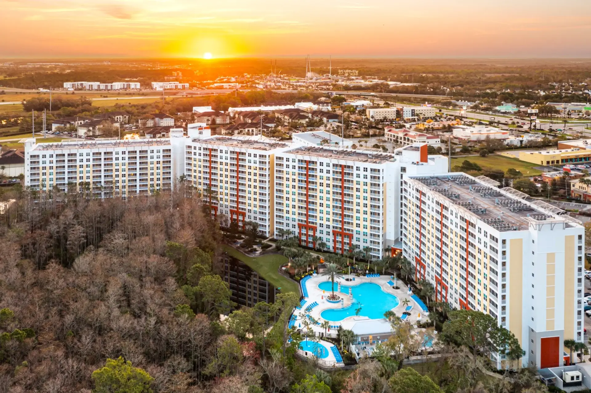 Aerial view of Buildings 20 and 21, including heated swimming Pool 7