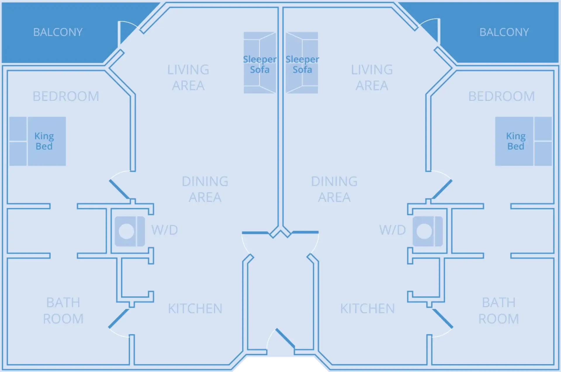 Floor plan for two-bedroom suite (A and C Suites) in Buildings 20 and 21